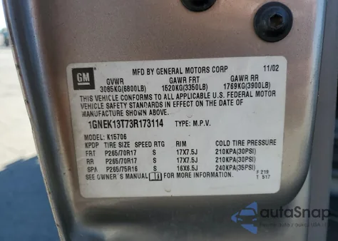 2003 Chevrolet Tahoe K1500 из США, поврежденный, VIN 1GNEK13T73R173114